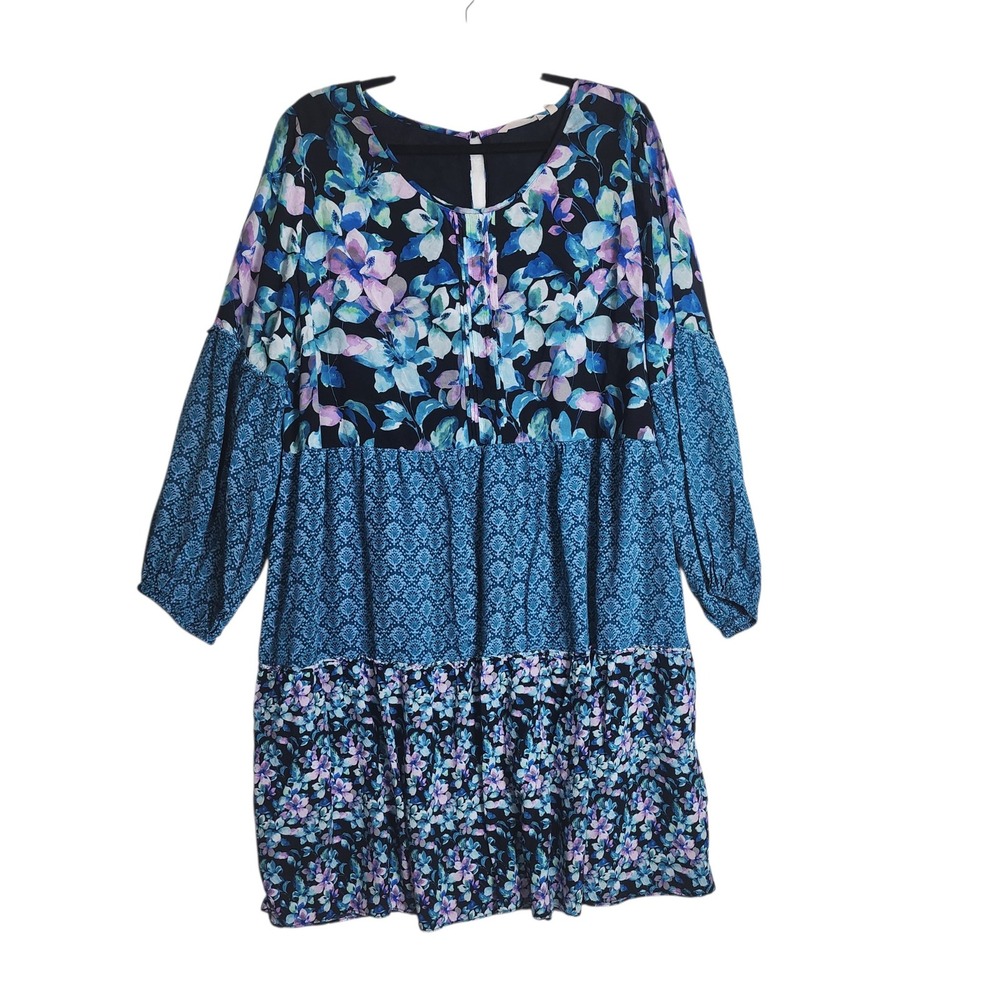Soft Surroundings Floral Damask Tiered Tunic Dress Blue 1X